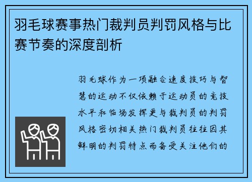 羽毛球赛事热门裁判员判罚风格与比赛节奏的深度剖析