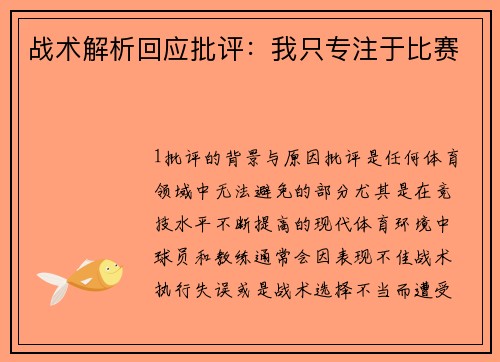 战术解析回应批评：我只专注于比赛