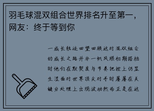 羽毛球混双组合世界排名升至第一，网友：终于等到你